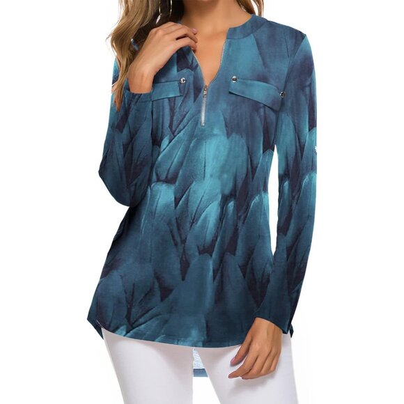 Women's V Neck Zip Cuffed Sleeve Flowy Work Tunic Tops Shirts Blouse Z Blue - Picture 2 of 3